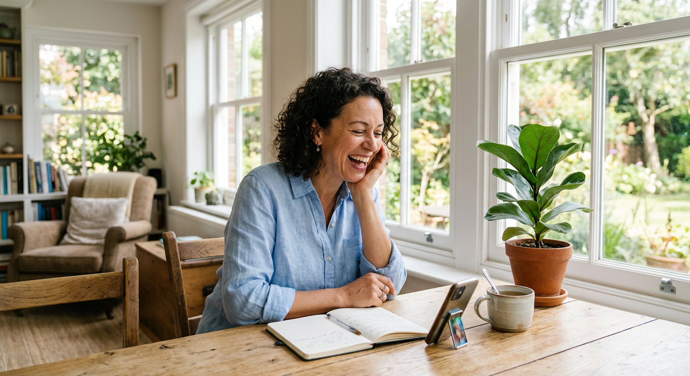Illustration générée : une femme sourit devant son téléphone à une table.