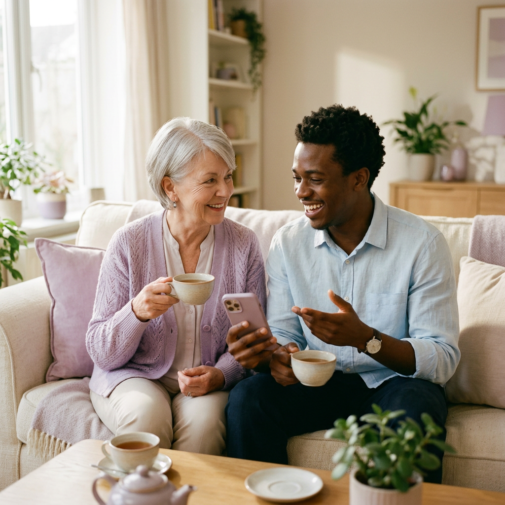 Illustration générée : deux adultes échangent autour d’un téléphone.